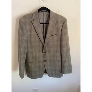 Calvin Klein Men 40R Glen Plaid Wool Linen Blend Blazer Grey Tan Sport Coat